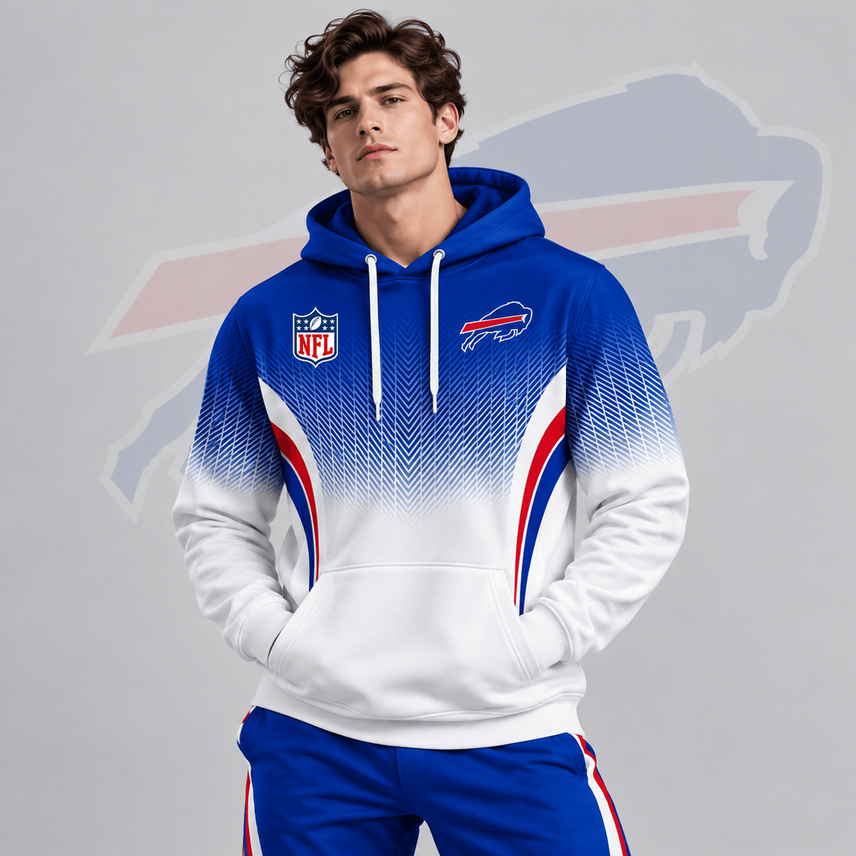 BUF x Premium NFL Gradient Chevron Fade Pullover Hoodie With Team Logo And Contrast Colorblock Athletic Design