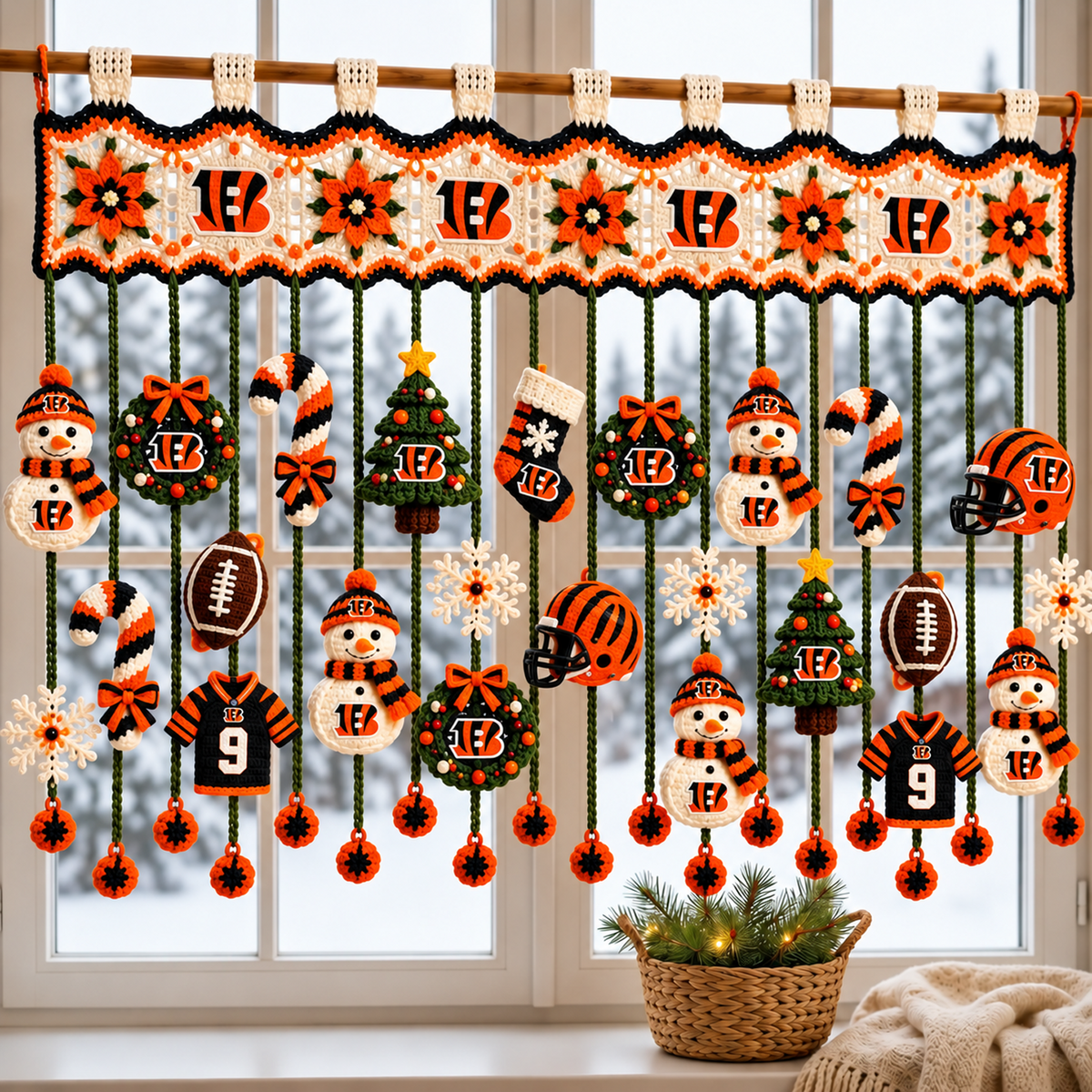 CIN x NFL Christmas Crochet Window Valance β Football Snowman Wreath Holiday Decor