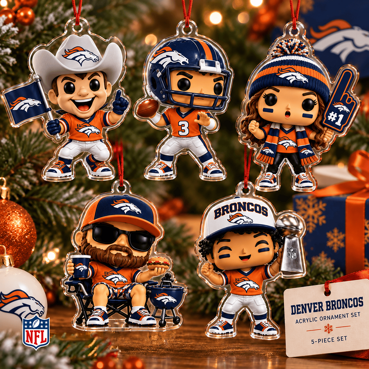 DEN x NFL Christmas KICKOFF Personalized Set 5 Acrylic Ornament