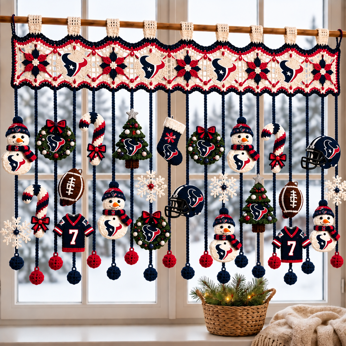 HOU x NFL Christmas Crochet Window Valance β Football Snowman Wreath Holiday Decor