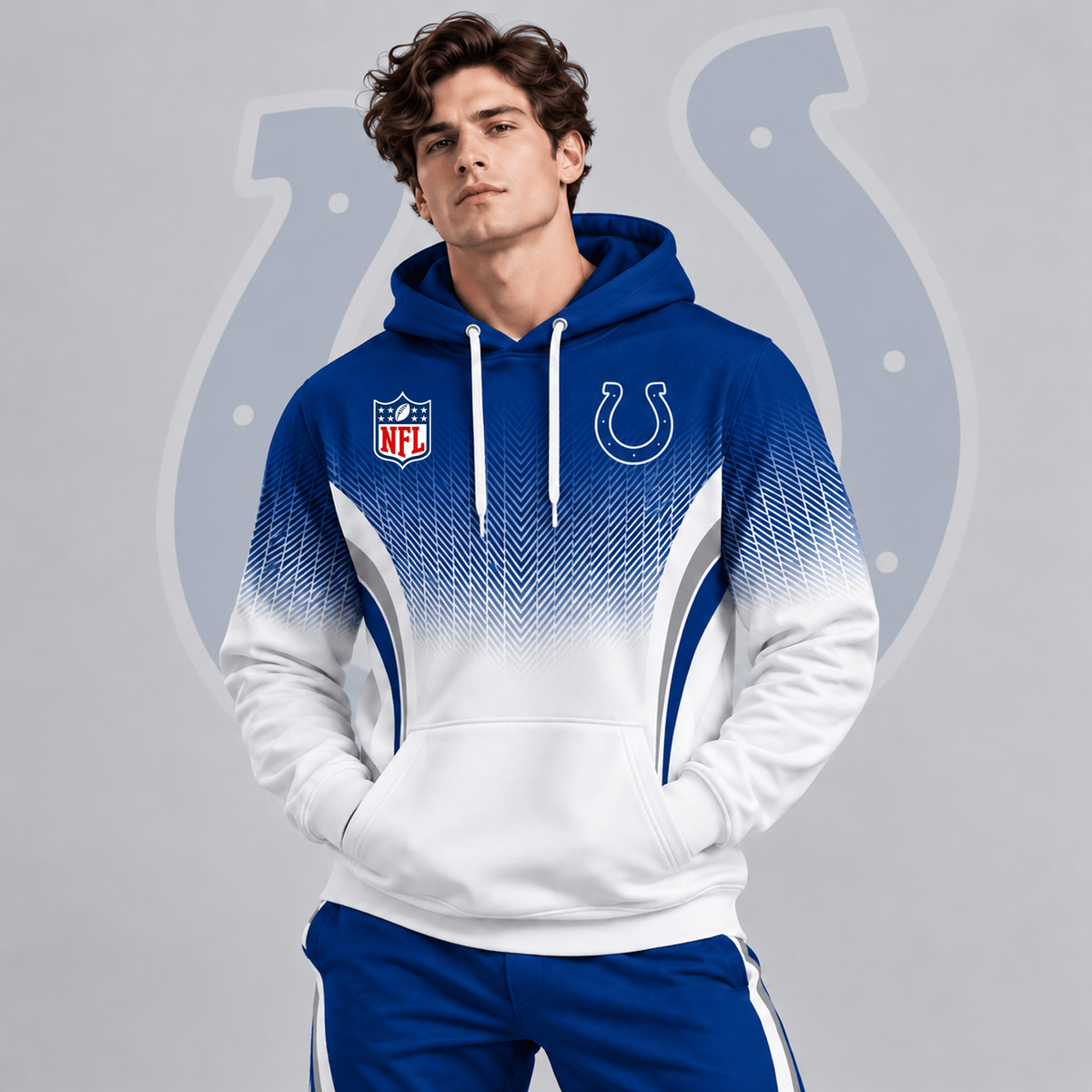 IND x Premium NFL Gradient Chevron Fade Pullover Hoodie With Team Logo And Contrast Colorblock Athletic Design
