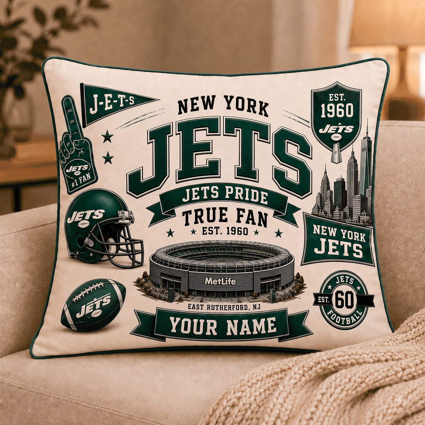 NYJ x NFL Premium Vintage Pillow Case Personalized Gift For True Fan
