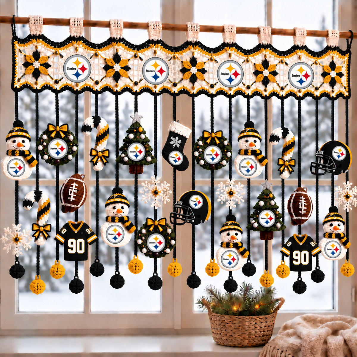 PIT x NFL Christmas Crochet Window Valance β Football Snowman Wreath Holiday Decor