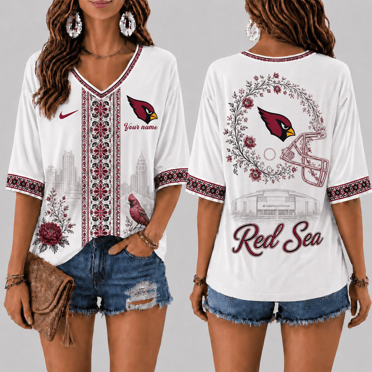 PREMIUM NFL X ARI EXCLUSIVE PERSONALIZED Women‘s Floral V-neck Shirt LIMITED EDITION