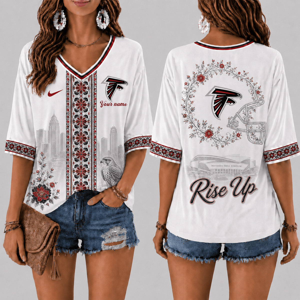 PREMIUM NFL X ATL EXCLUSIVE PERSONALIZED Women‘s Floral V-neck Shirt LIMITED EDITION