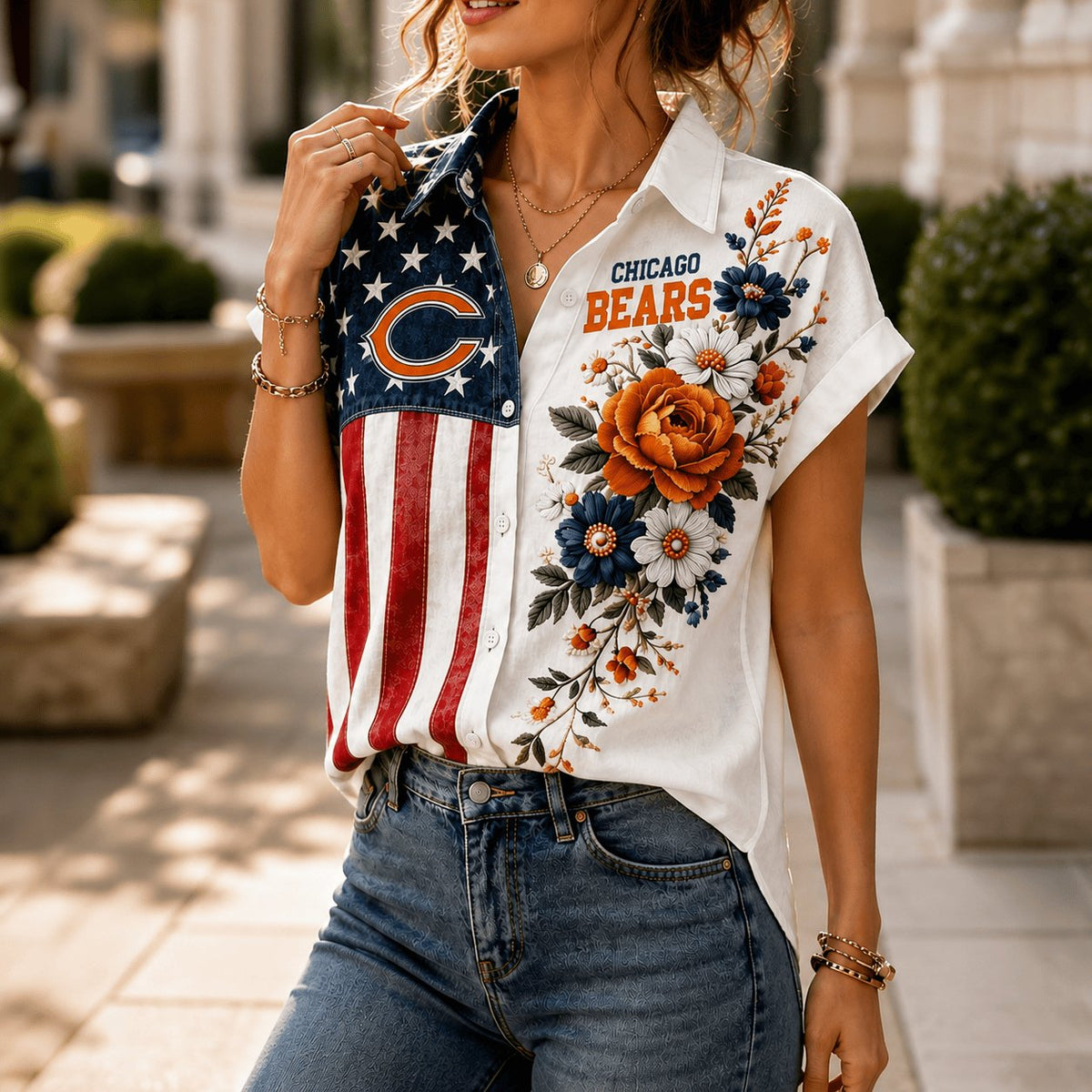 PREMIUM NFL X CHI EXCLUSIVE Floral American Flag Linen Shirt
