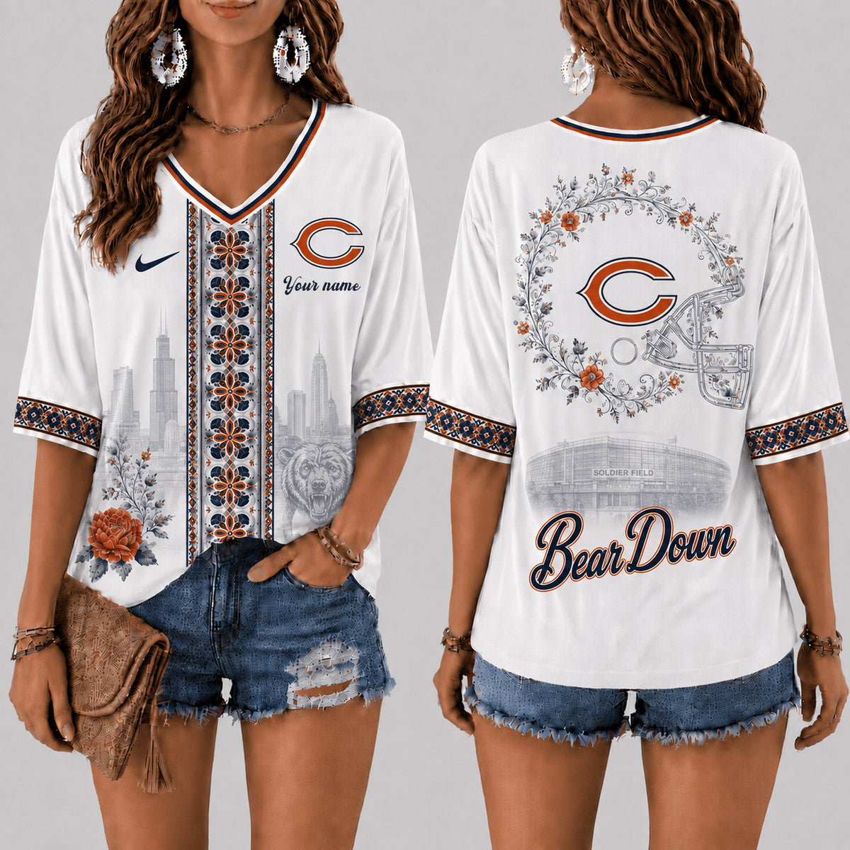 PREMIUM NFL X CHI EXCLUSIVE PERSONALIZED Women‘s Floral V-neck Shirt LIMITED EDITION