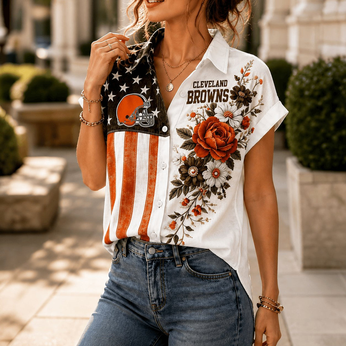 PREMIUM NFL X CLE EXCLUSIVE Floral American Flag Linen Shirt