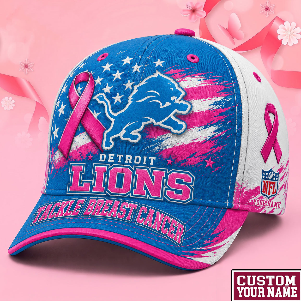 PREMIUM NFL X DET EXCLUSIVE PERSONALIZED Pink Ribbon Breast Cancer Survior Cap