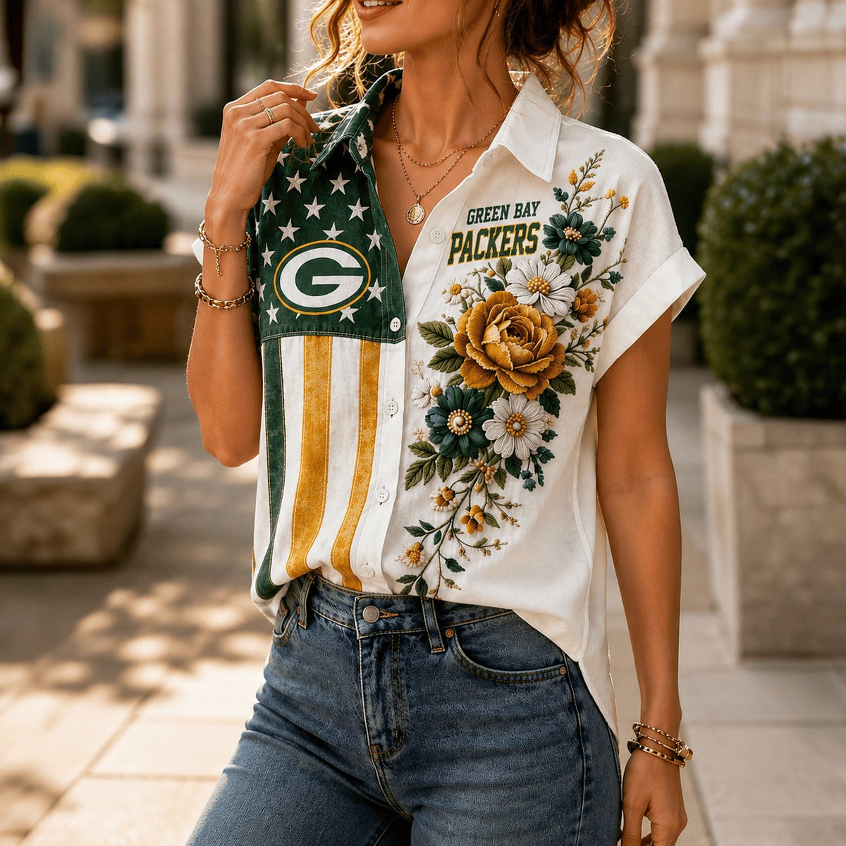 PREMIUM NFL X GB EXCLUSIVE Floral American Flag Linen Shirt