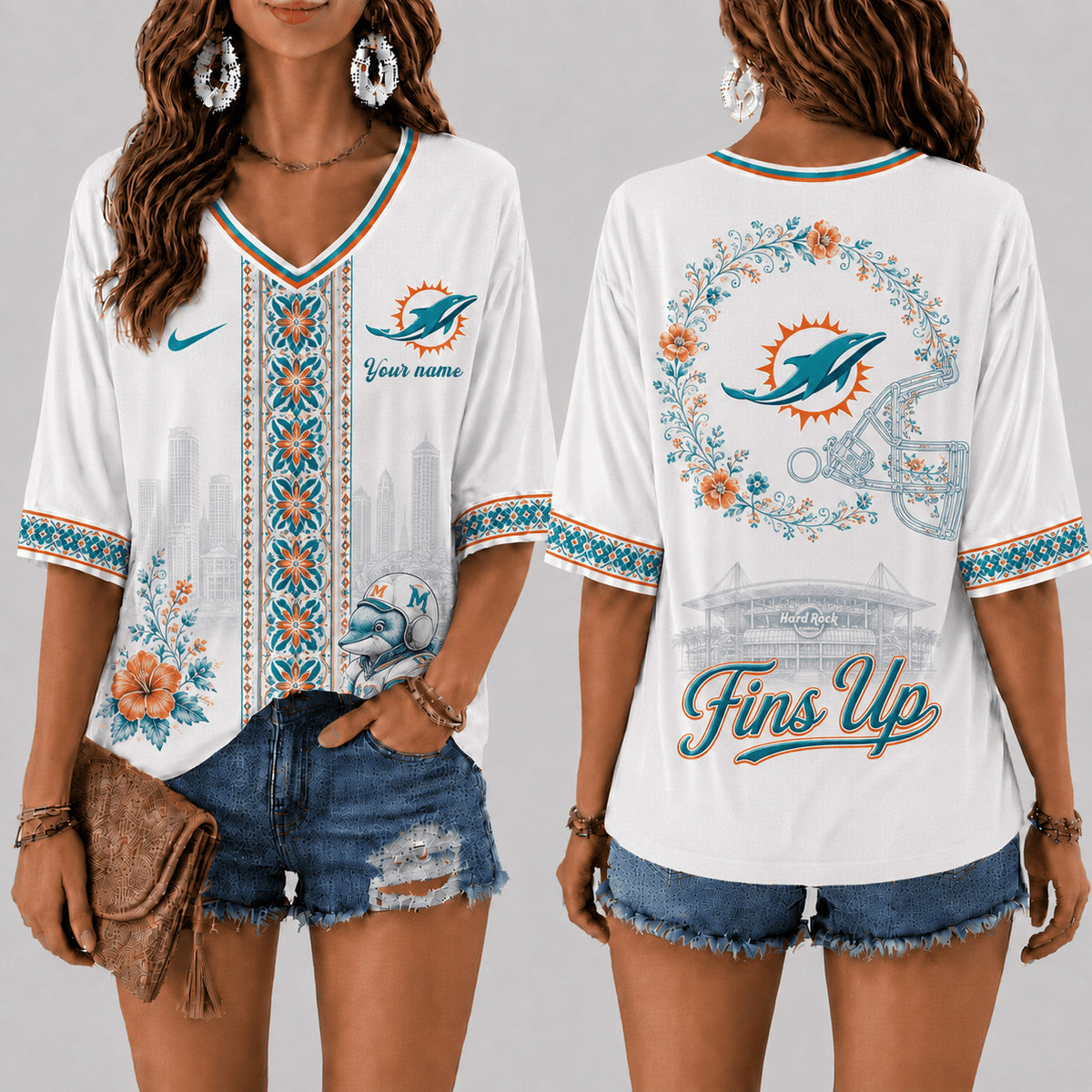 PREMIUM NFL X MIA EXCLUSIVE PERSONALIZED Women‘s Floral V-neck Shirt LIMITED EDITION