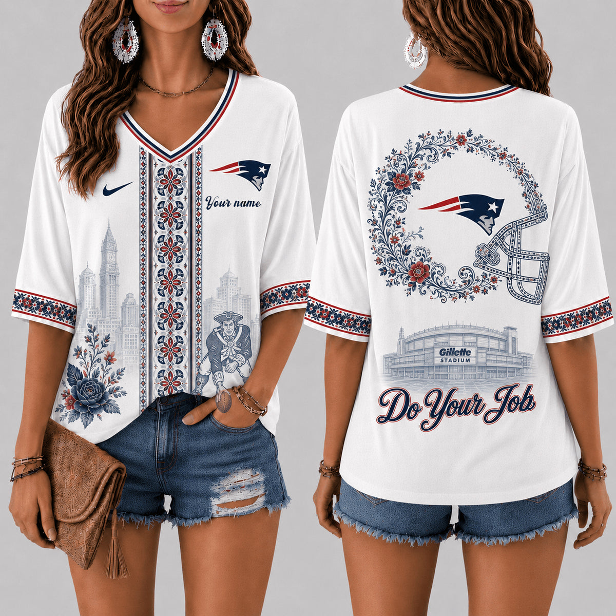 PREMIUM NFL X NE EXCLUSIVE PERSONALIZED Women‘s Floral V-neck Shirt LIMITED EDITION