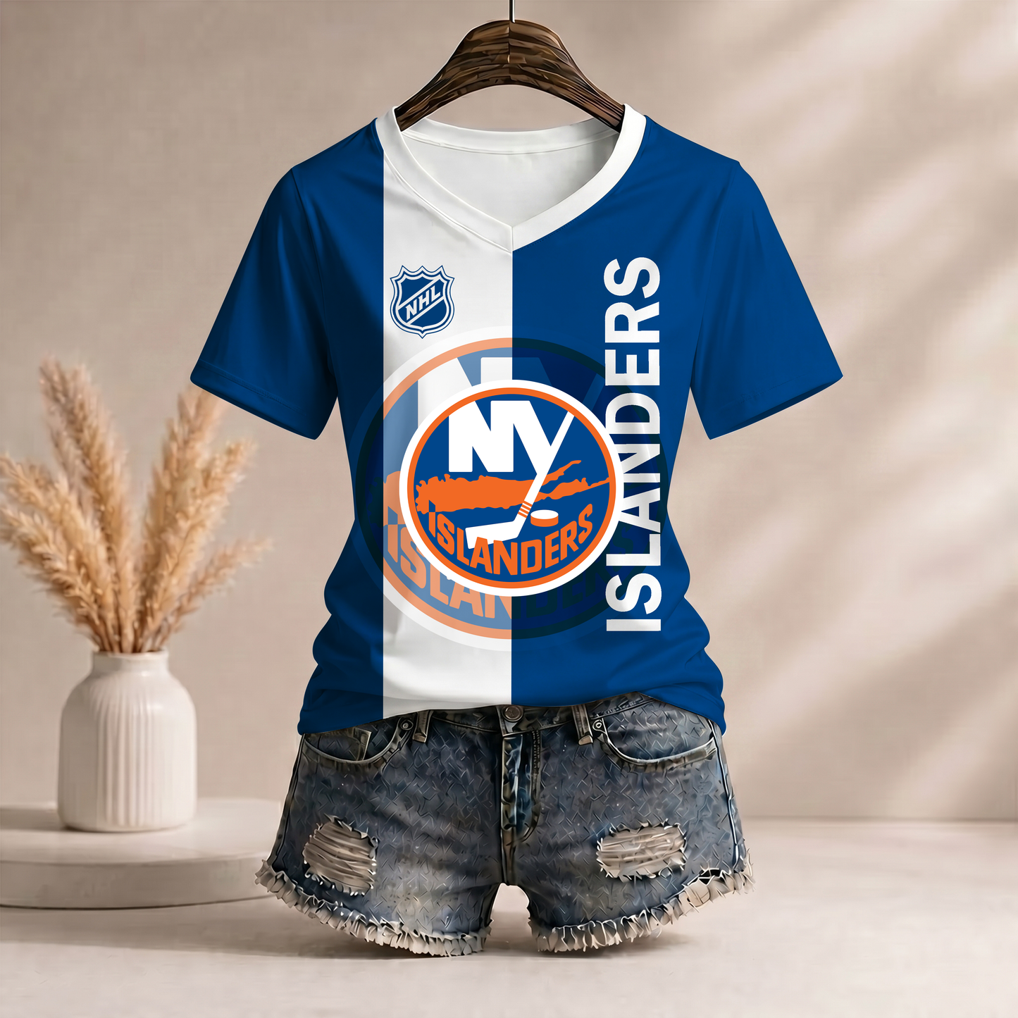 PREMIUM NHL X NYI Women�???s Casual Loose Stripe V-Neck T-Shirt NDT VHM 290526