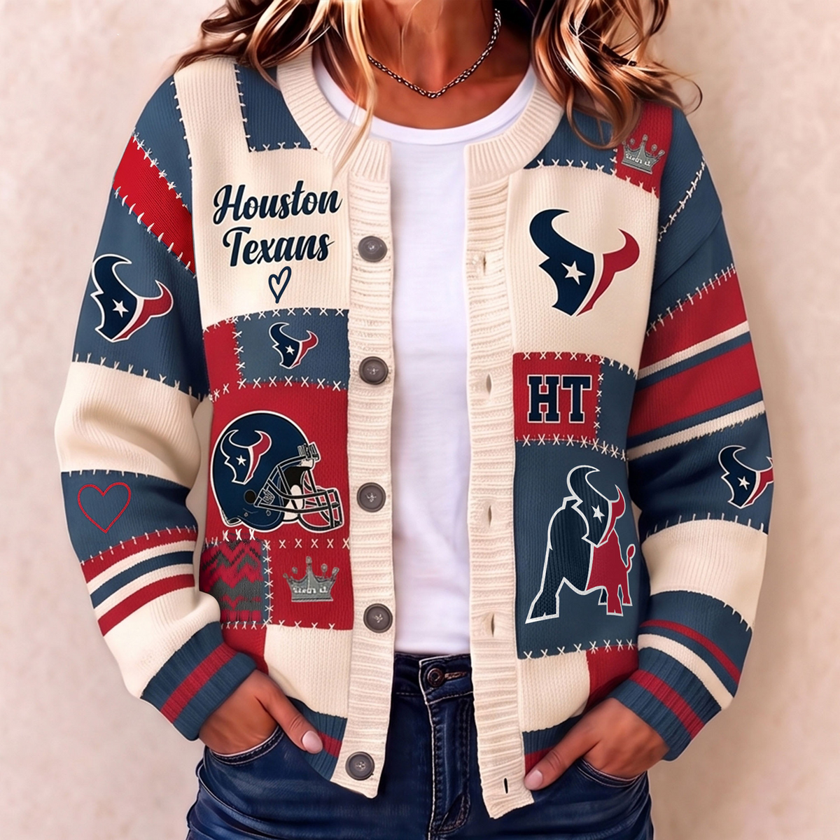 Premium HOU x NFL Patchwork Knit Varsity Cardigan