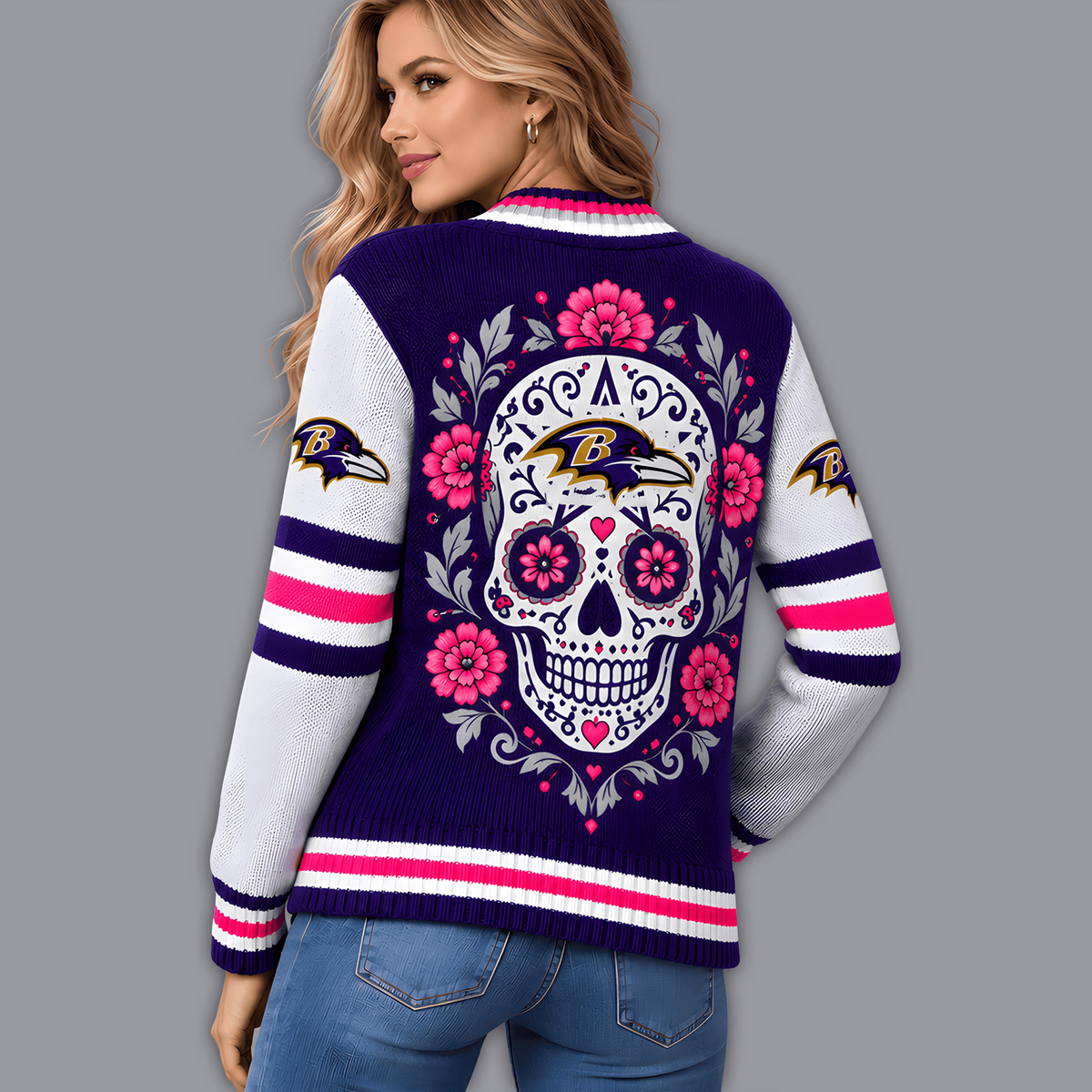 Premium NFL x BAL Floral Skull Knit Cardigan