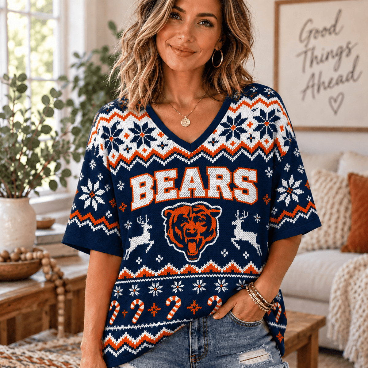 Premium NFL x CHI Christmas V-Neck Shirt