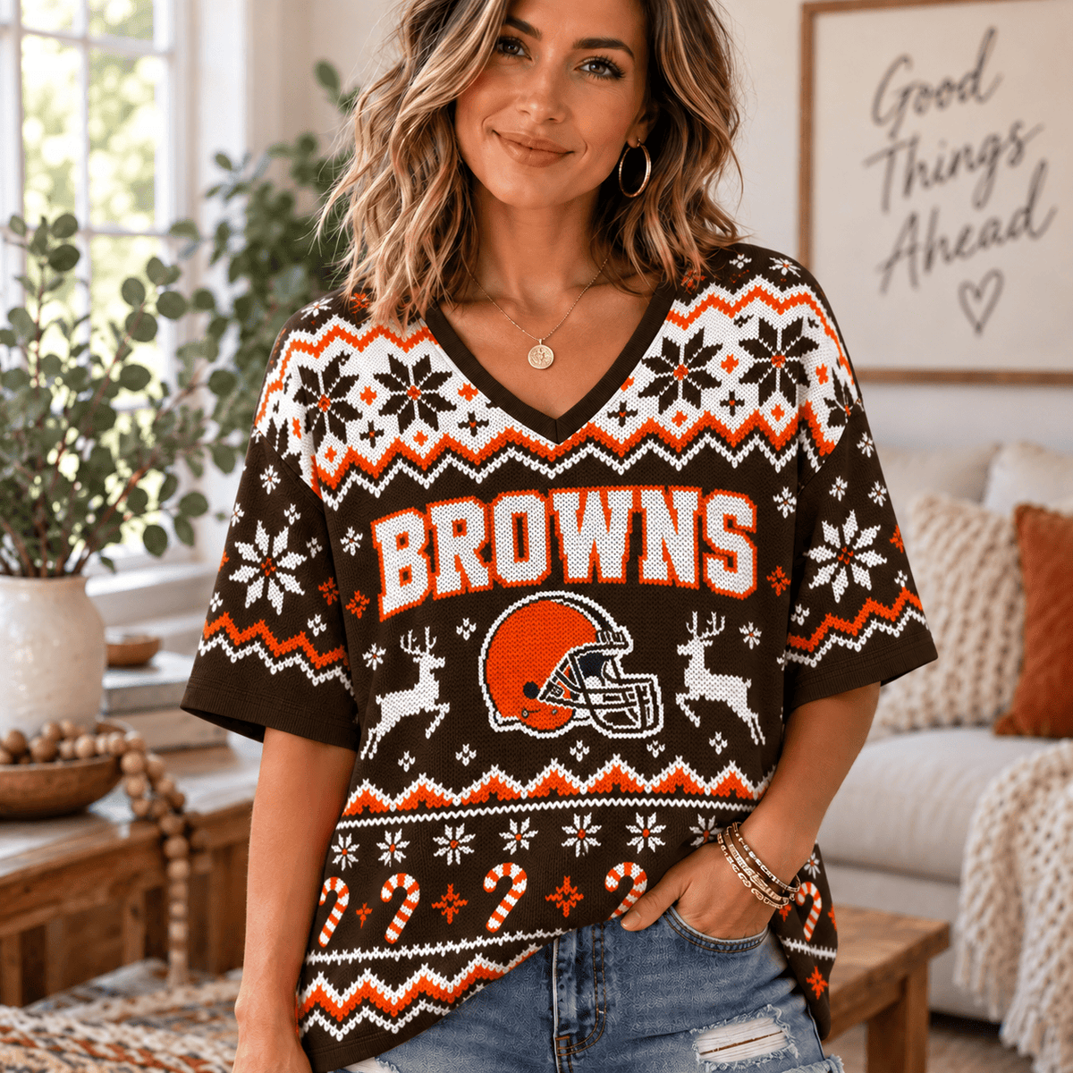 Premium NFL x CLE Christmas V-Neck Shirt
