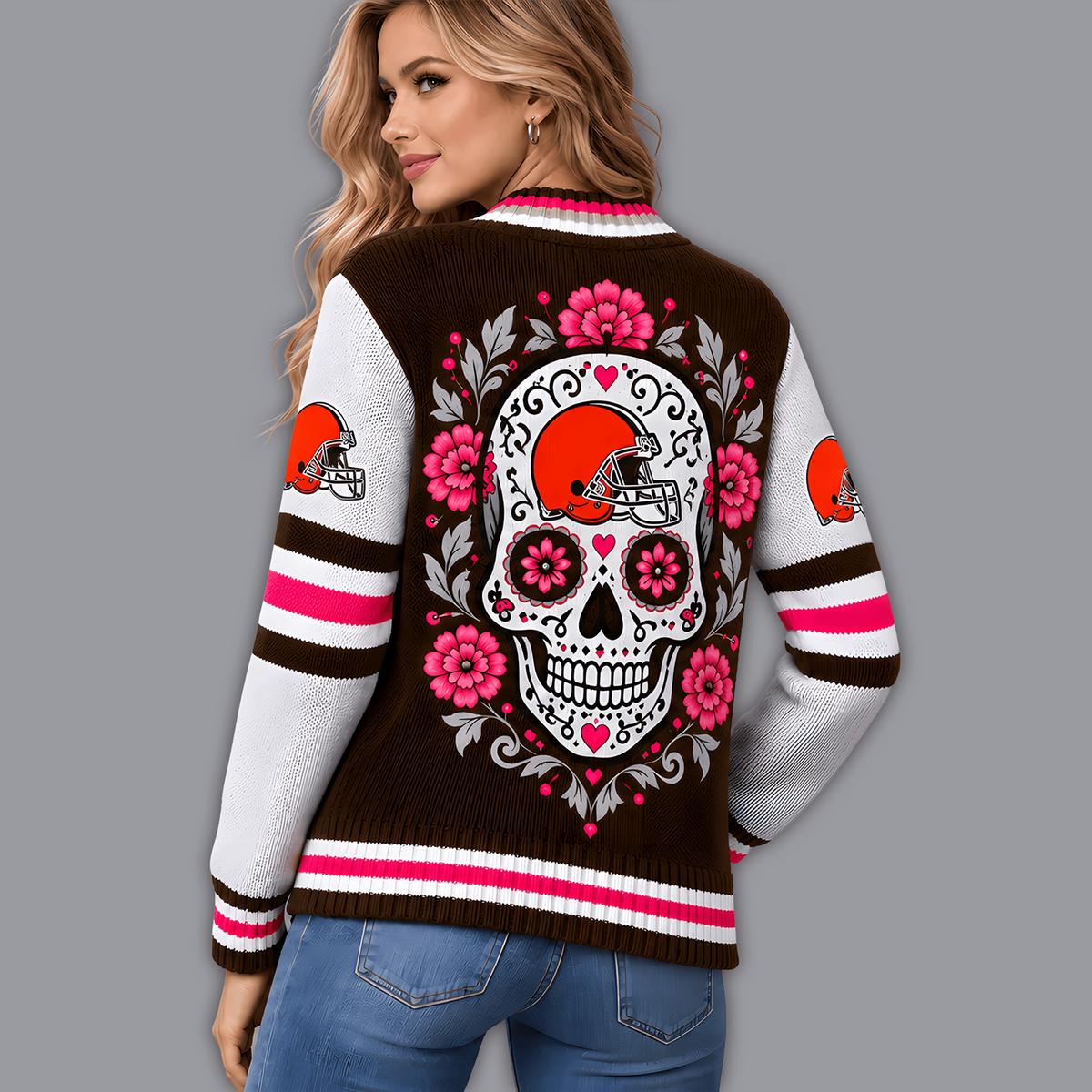 Premium NFL x CLE Floral Skull Knit Cardigan