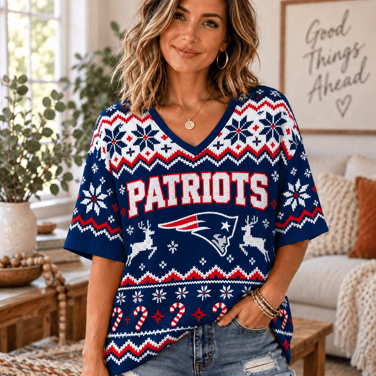 Premium NFL x NE Christmas V-Neck Shirt