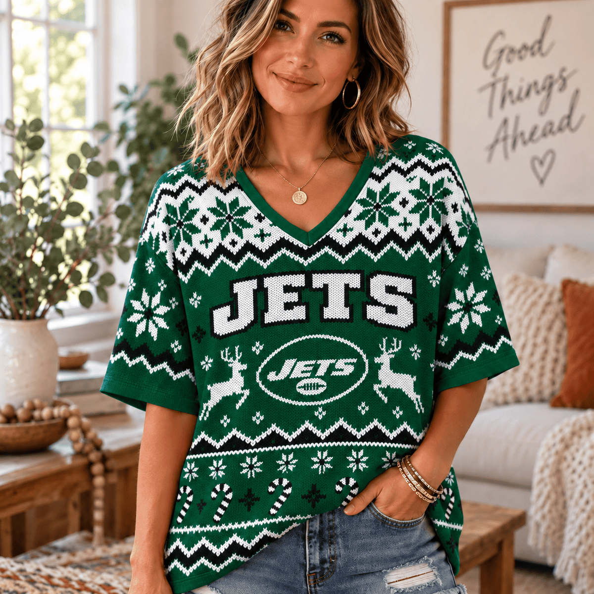 Premium NFL x NYJ Christmas V-Neck Shirt