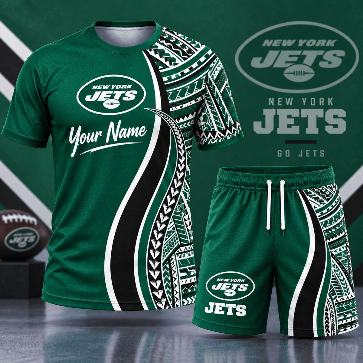 Premium NFL x NYJ Custom Name Tribal Graphic T-Shirt and Shorts Set Football Fan Sports Outfit