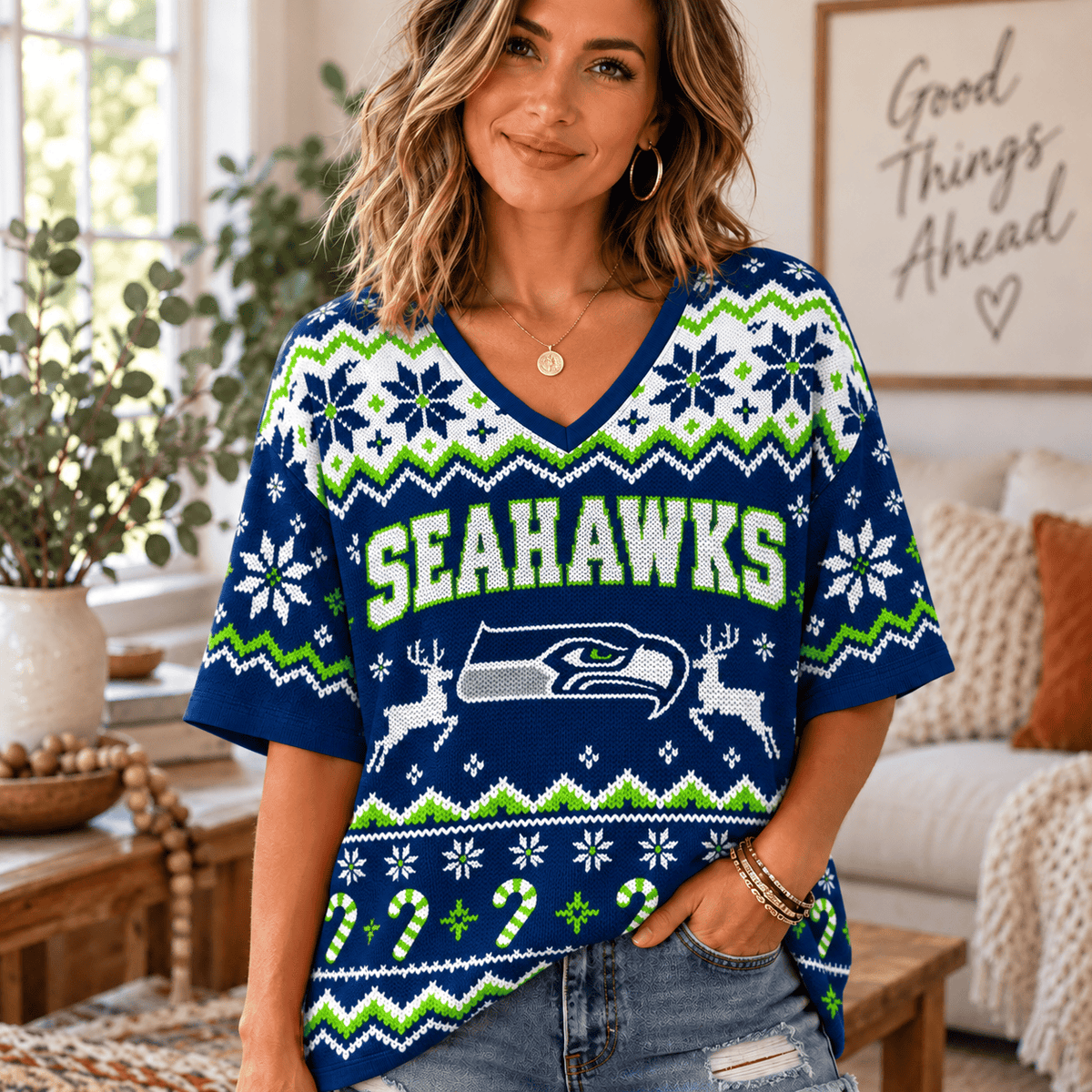 Premium NFL x SEA Christmas V-Neck Shirt
