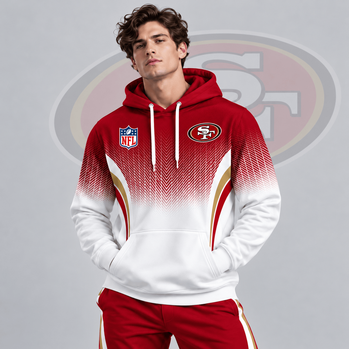 SF x Premium NFL Gradient Chevron Fade Pullover Hoodie With Team Logo And Contrast Colorblock Athletic Design