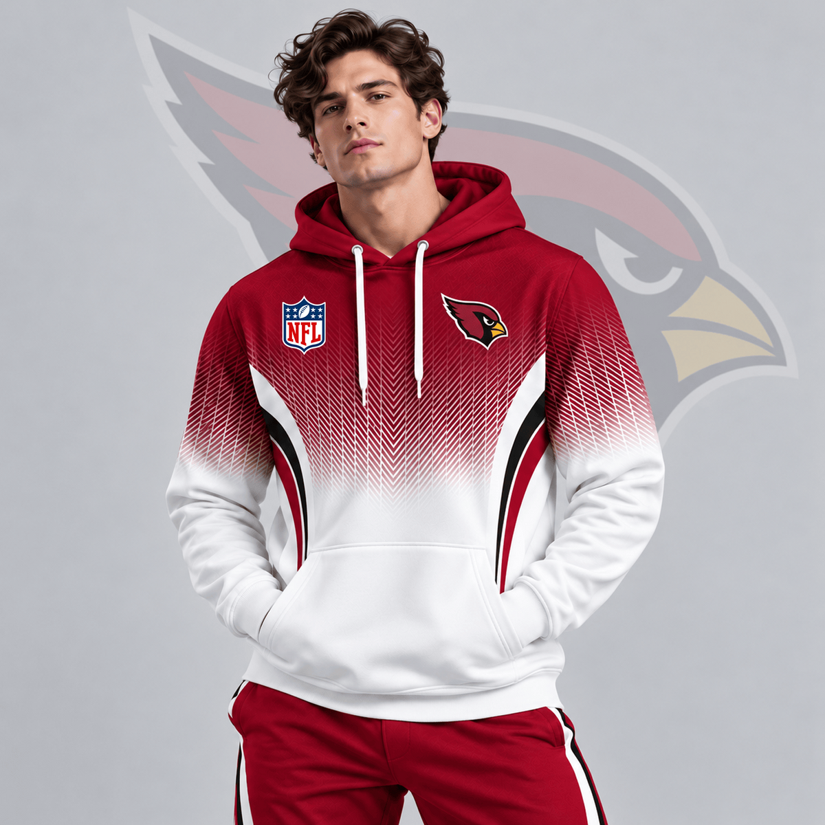 ARI x Premium NFL Gradient Chevron Fade Pullover Hoodie With Team Logo And Contrast Colorblock Athletic Design