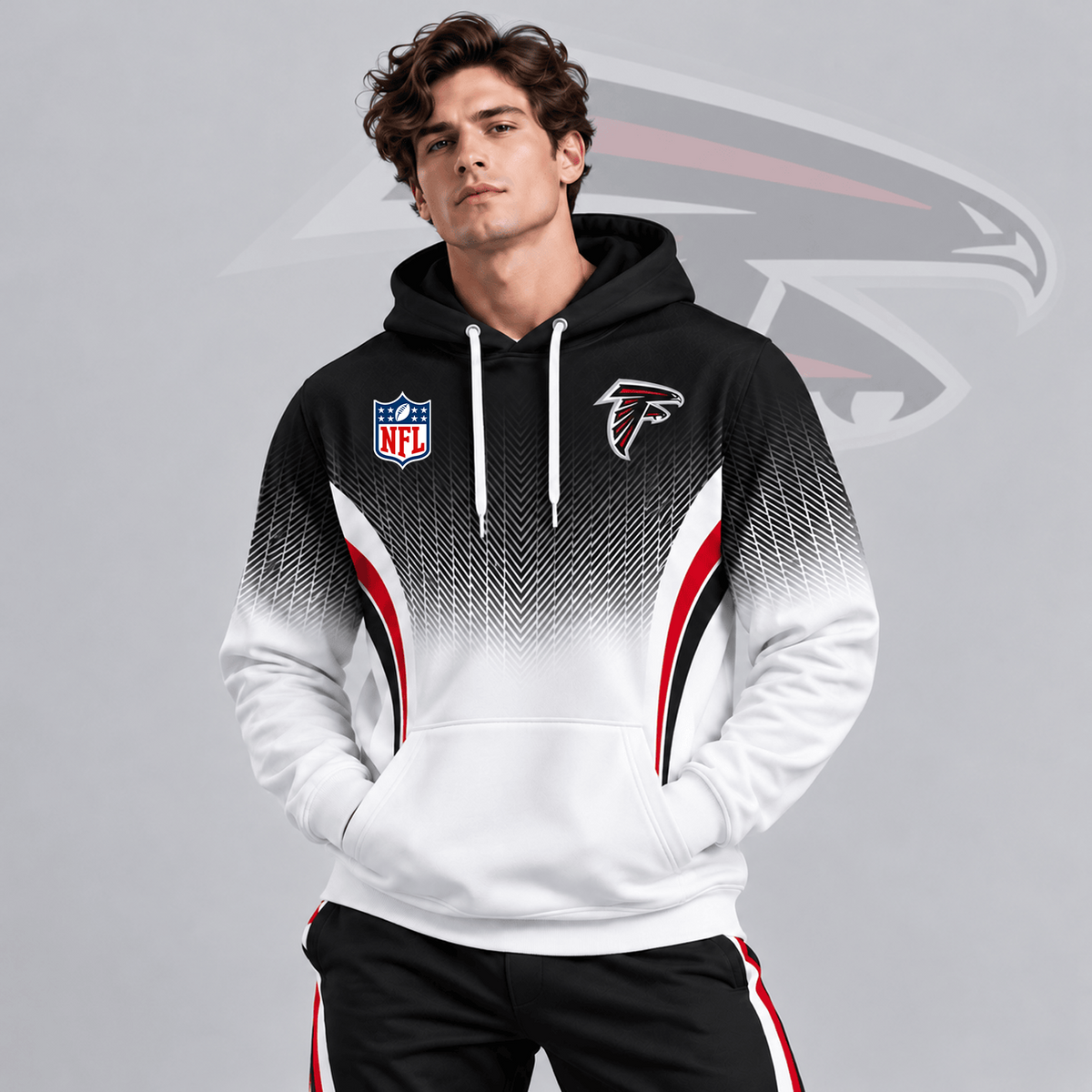 ATL x Premium NFL Gradient Chevron Fade Pullover Hoodie With Team Logo And Contrast Colorblock Athletic Design
