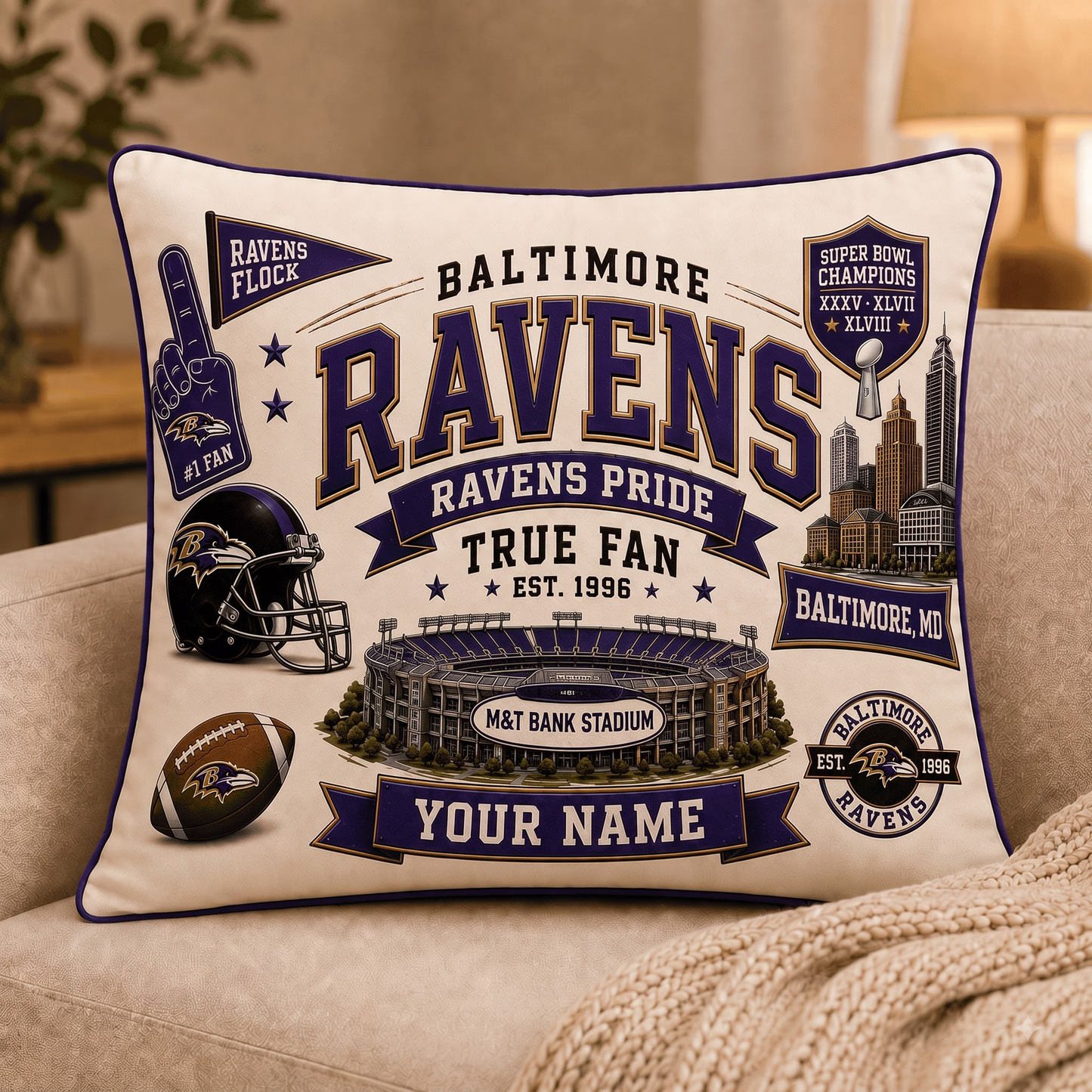 BR x NFL Premium Vintage Pillow Case Personalized Gift For True Fan
