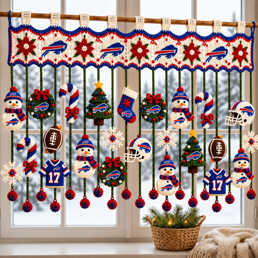 BUF x NFL Christmas Crochet Window Valance – Football Snowman Wreath Holiday Decor