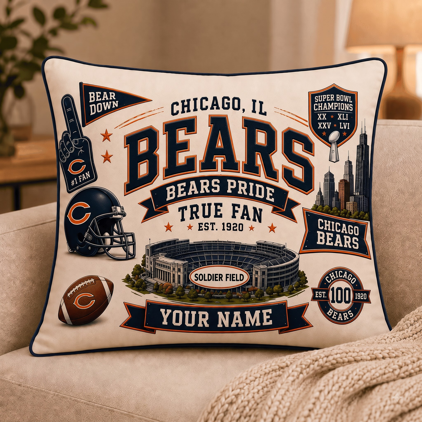 CHI x NFL Premium Vintage Pillow Case Personalized Gift For True Fan