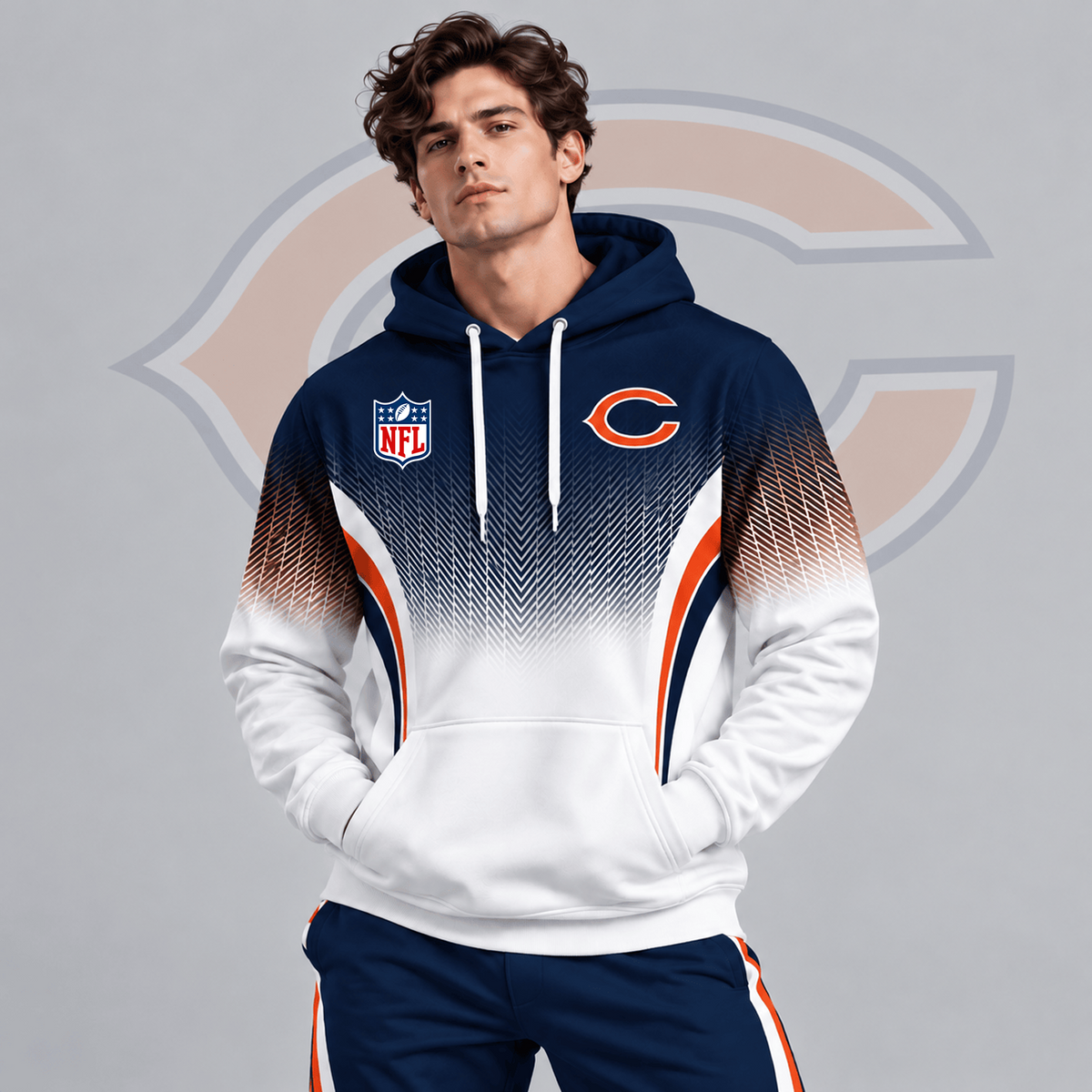 CHI x Premium NFL Gradient Chevron Fade Pullover Hoodie With Team Logo And Contrast Colorblock Athletic Design