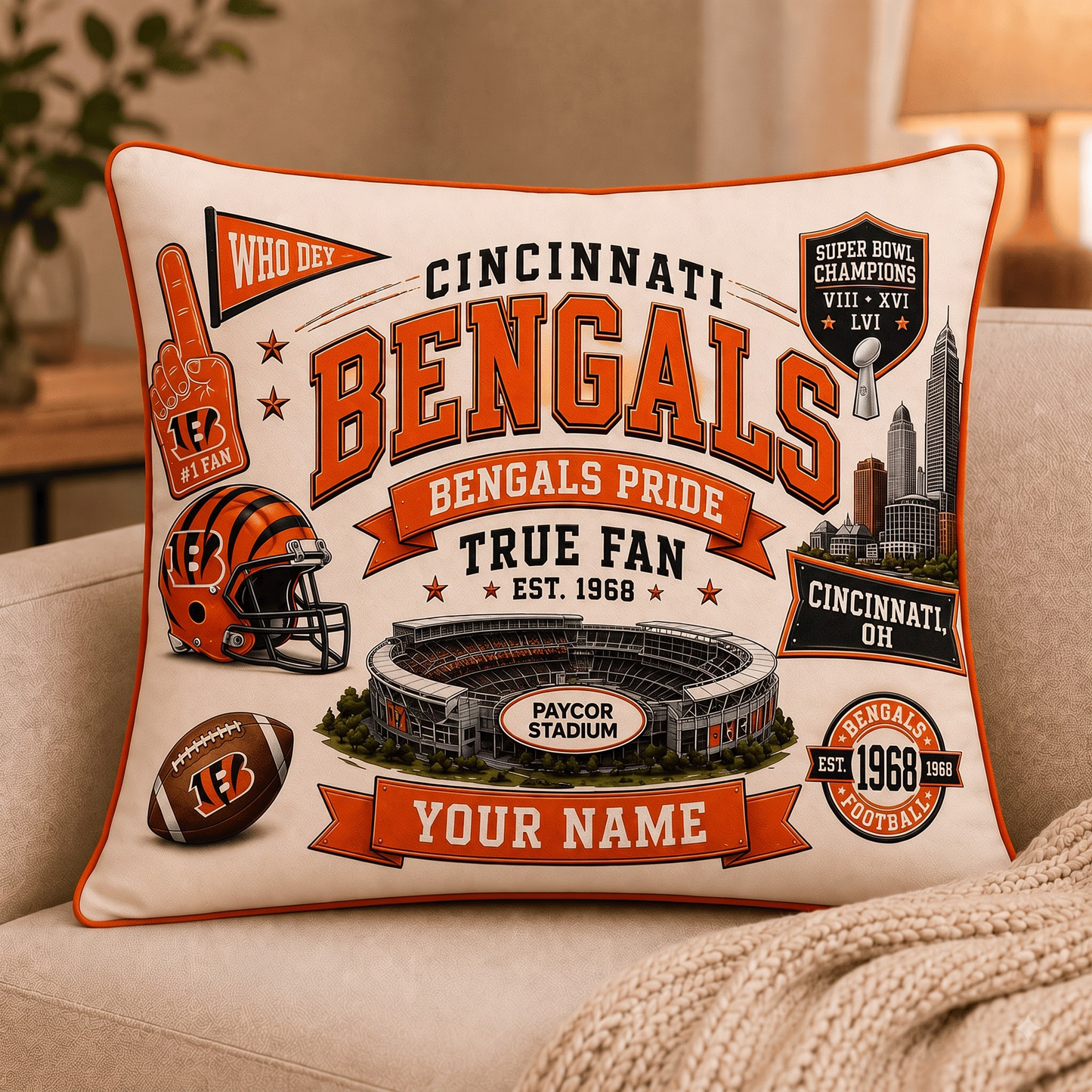 CIN x NFL Premium Vintage Pillow Case Personalized Gift For True Fan