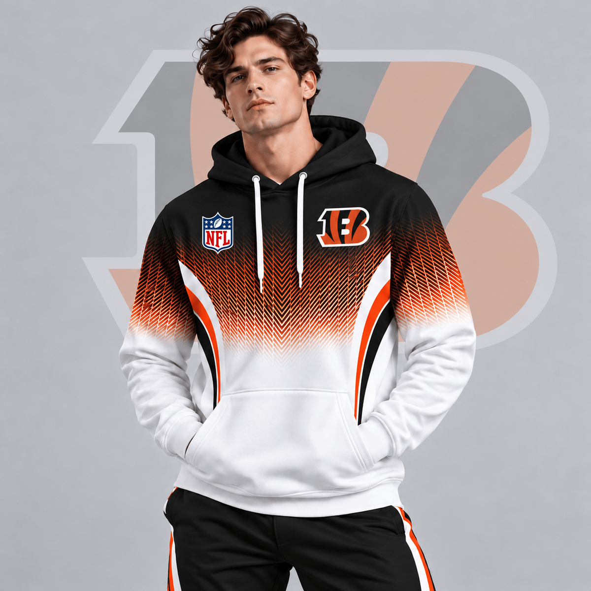 CIN x Premium NFL Gradient Chevron Fade Pullover Hoodie With Team Logo And Contrast Colorblock Athletic Design