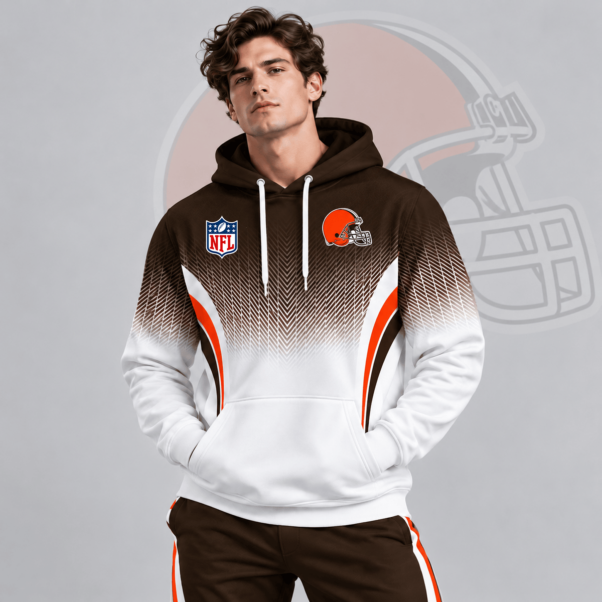 CLE x Premium NFL Gradient Chevron Fade Pullover Hoodie With Team Logo And Contrast Colorblock Athletic Design