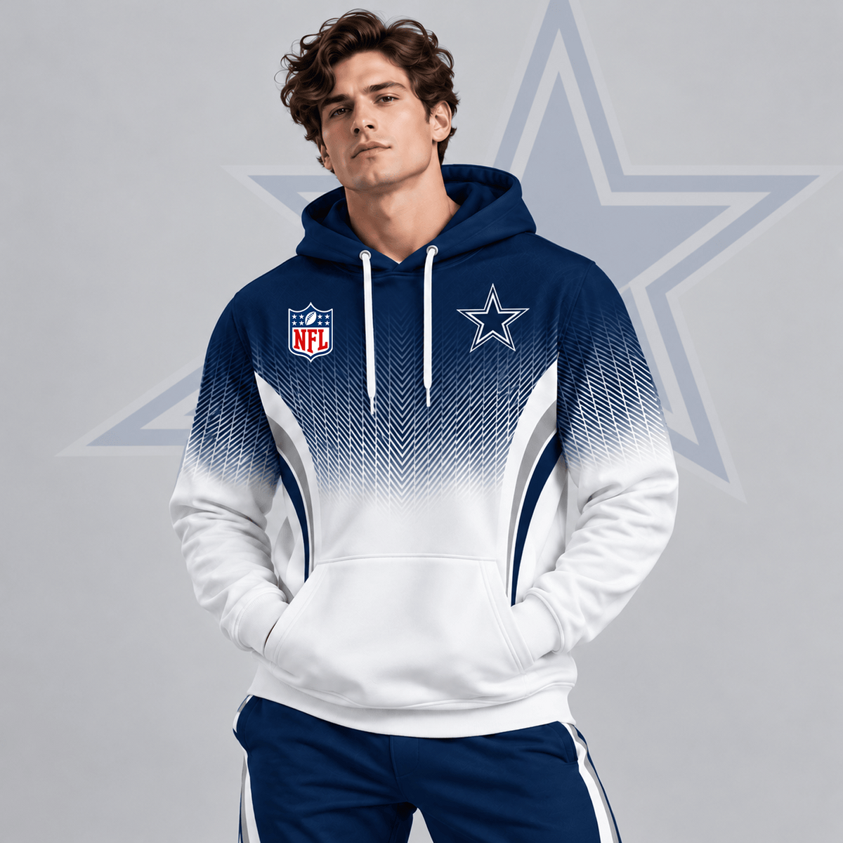 DAL x Premium NFL Gradient Chevron Fade Pullover Hoodie With Team Logo And Contrast Colorblock Athletic Design