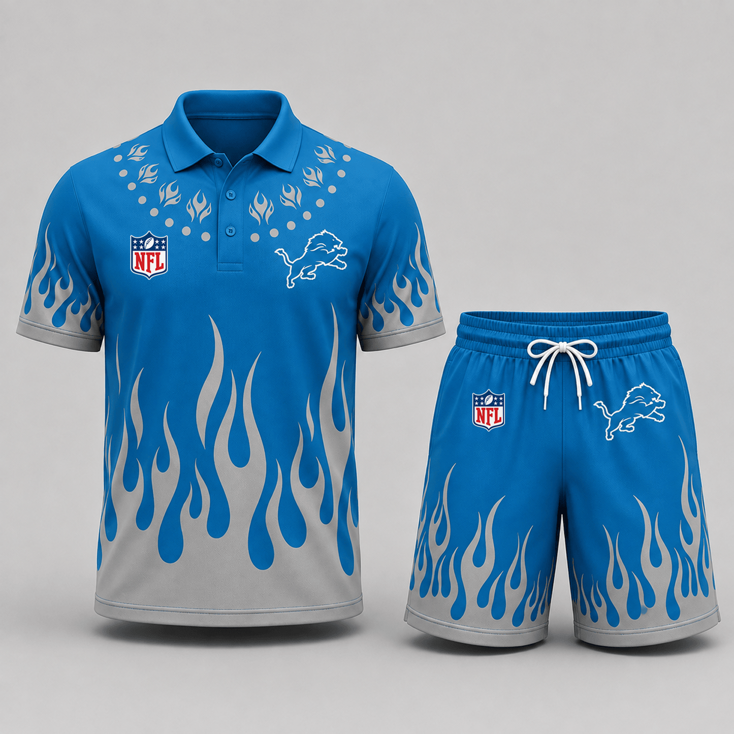 DET Premium NFL Flame Performance Polo Shirt & Shorts Set