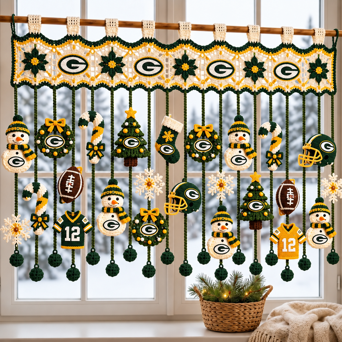 GB x NFL Christmas Crochet Window Valance – Football Snowman Wreath Holiday Decor
