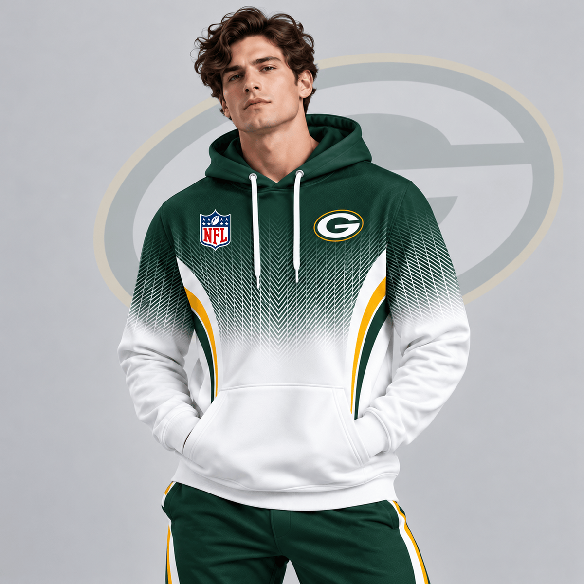 GB x Premium NFL Gradient Chevron Fade Pullover Hoodie With Team Logo And Contrast Colorblock Athletic Design