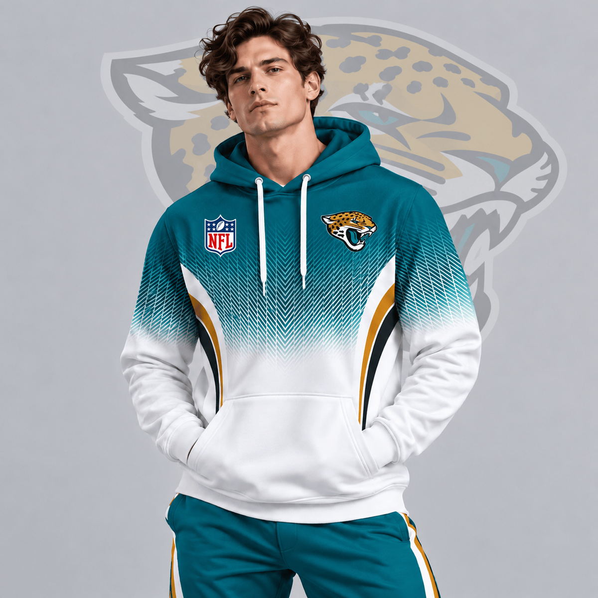 JAX x Premium NFL Gradient Chevron Fade Pullover Hoodie With Team Logo And Contrast Colorblock Athletic Design