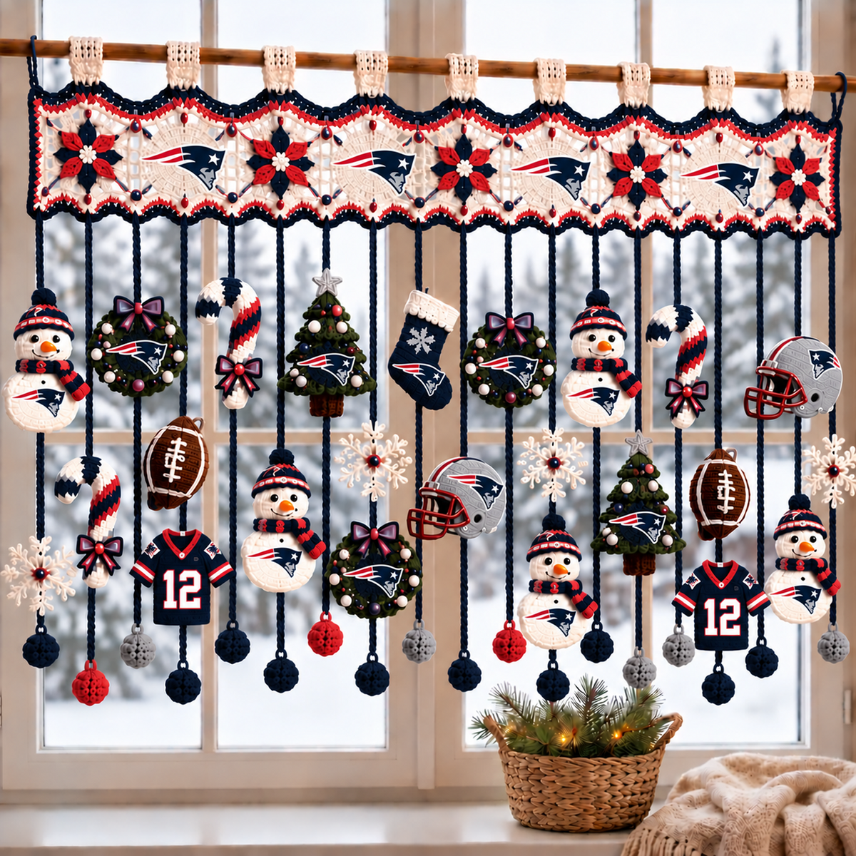 NE x NFL Christmas Crochet Window Valance – Football Snowman Wreath Holiday Decor