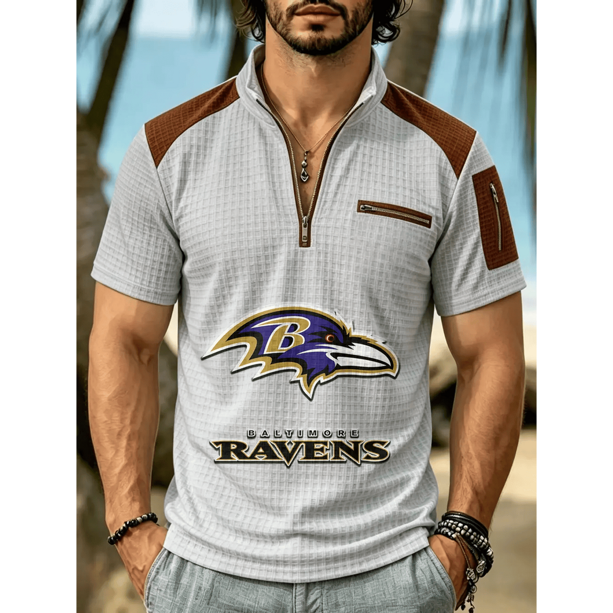 NFL x BAL Men's Quarter Zip Waffle Knit Polo Shirt
