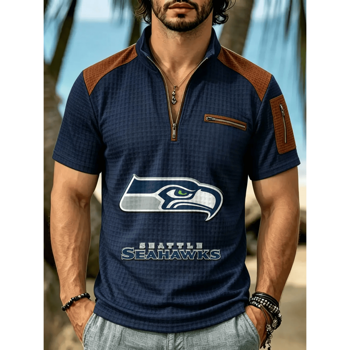 NFL x SEA Men's Quarter Zip Waffle Knit Polo Shirt