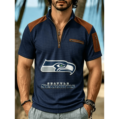NFL x SEA Men's Quarter Zip Waffle Knit Polo Shirt