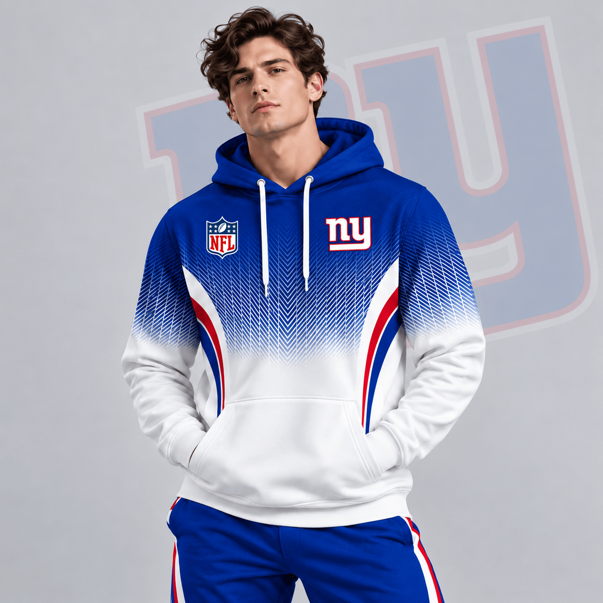 NYG x Premium NFL Gradient Chevron Fade Pullover Hoodie With Team Logo And Contrast Colorblock Athletic Design