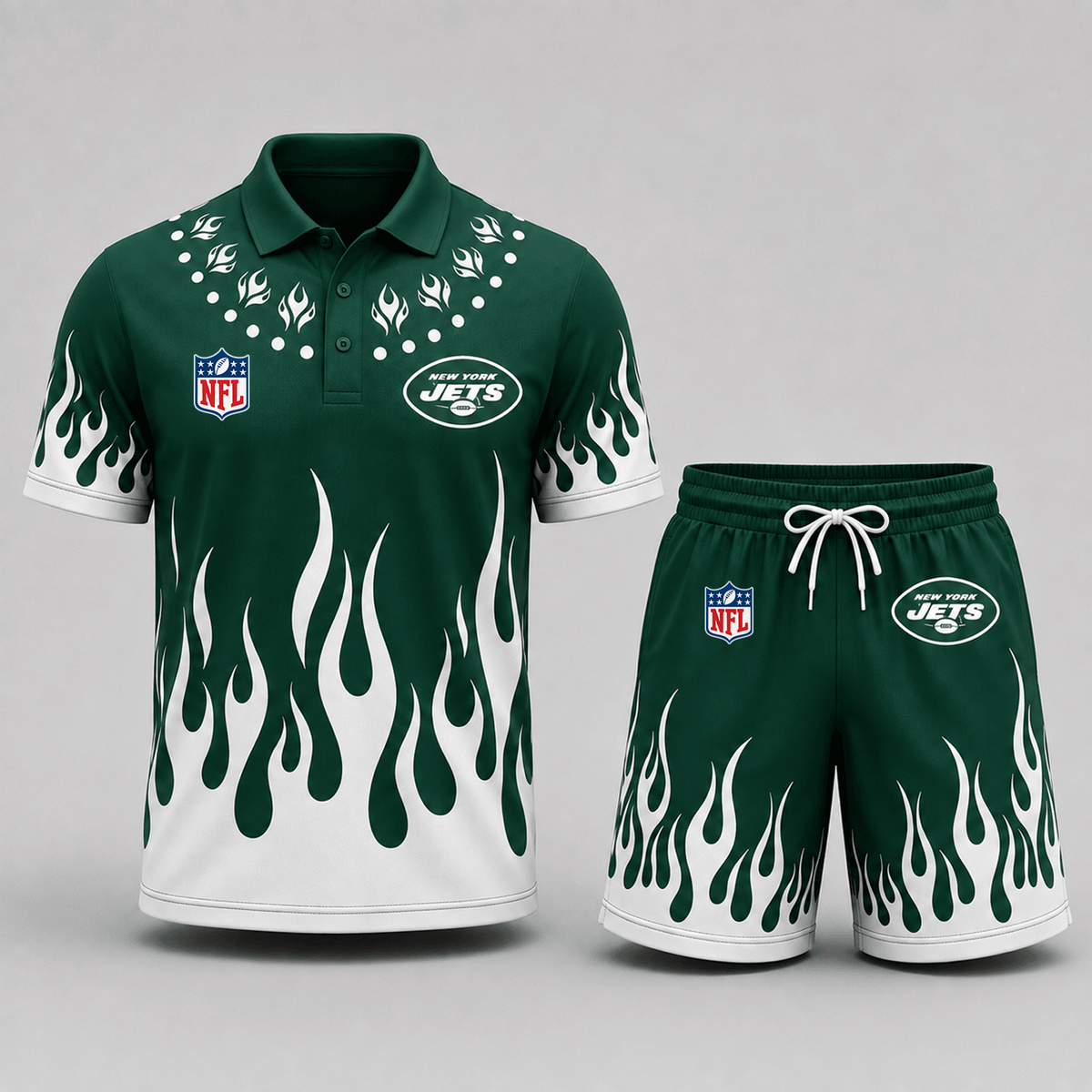 NYJ Premium NFL Flame Performance Polo Shirt & Shorts Set