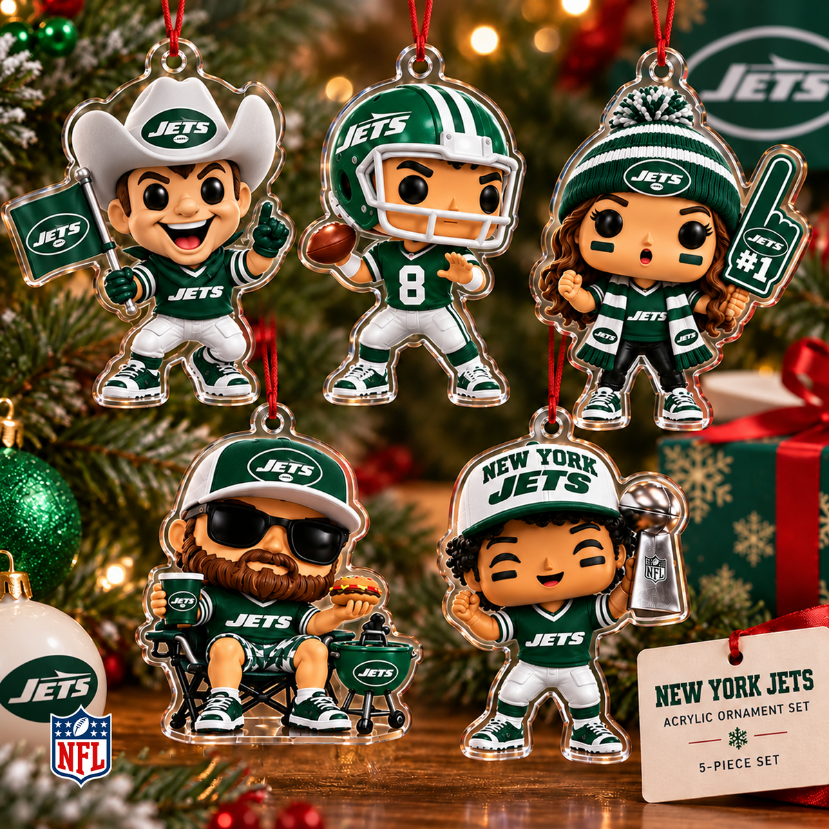 NYJ x NFL Christmas KICKOFF Personalized Set 5 Acrylic Ornament