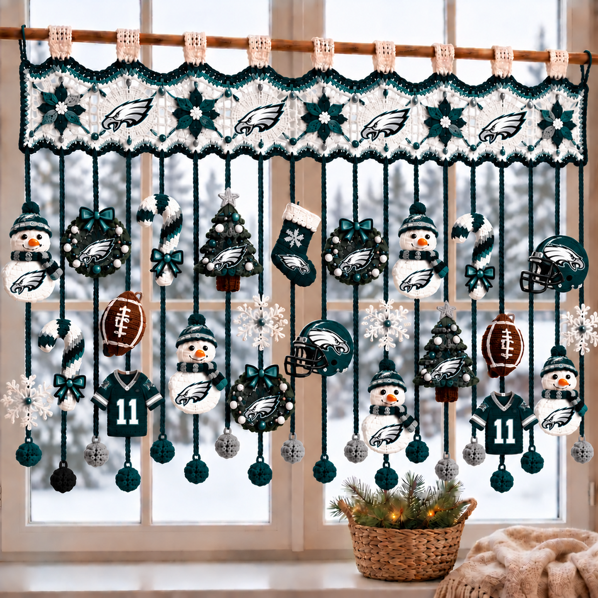 PHI x NFL Christmas Crochet Window Valance – Football Snowman Wreath Holiday Decor