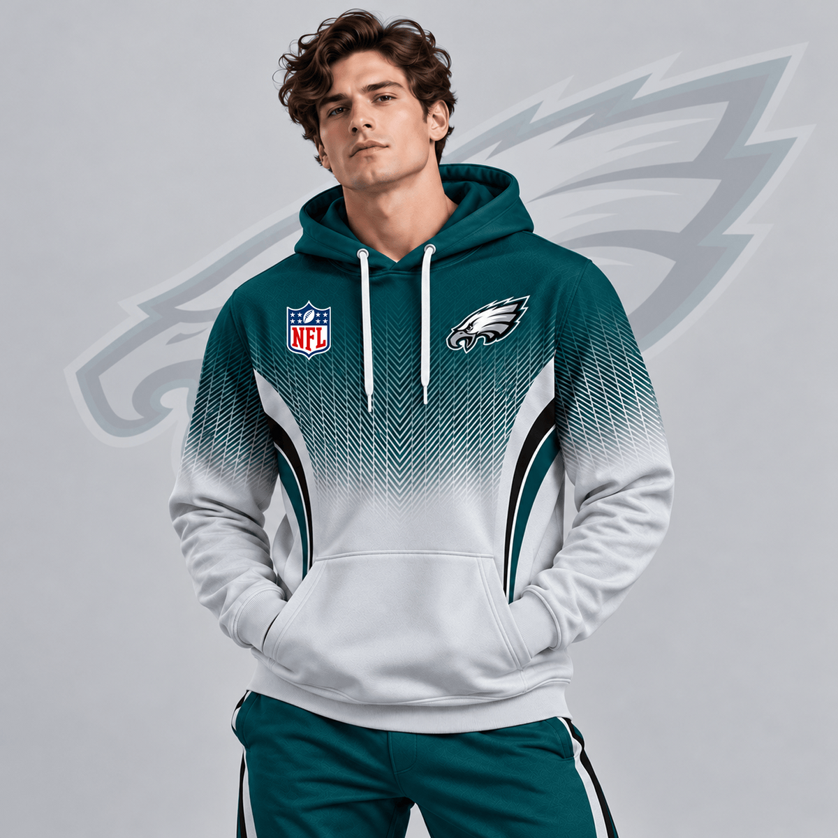 PHI x Premium NFL Gradient Chevron Fade Pullover Hoodie With Team Logo And Contrast Colorblock Athletic Design
